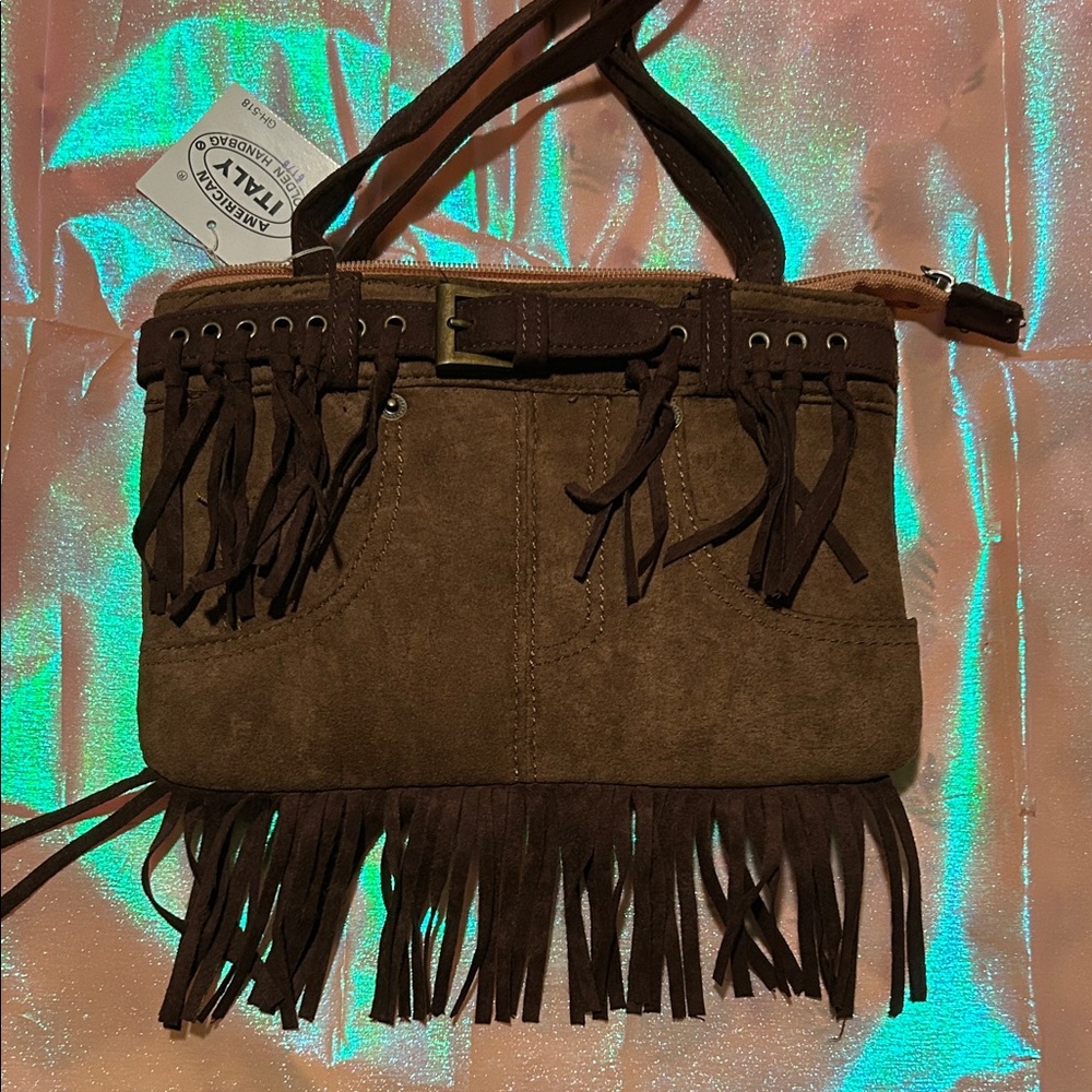 Suede Fringe Brown Zipper Handbag